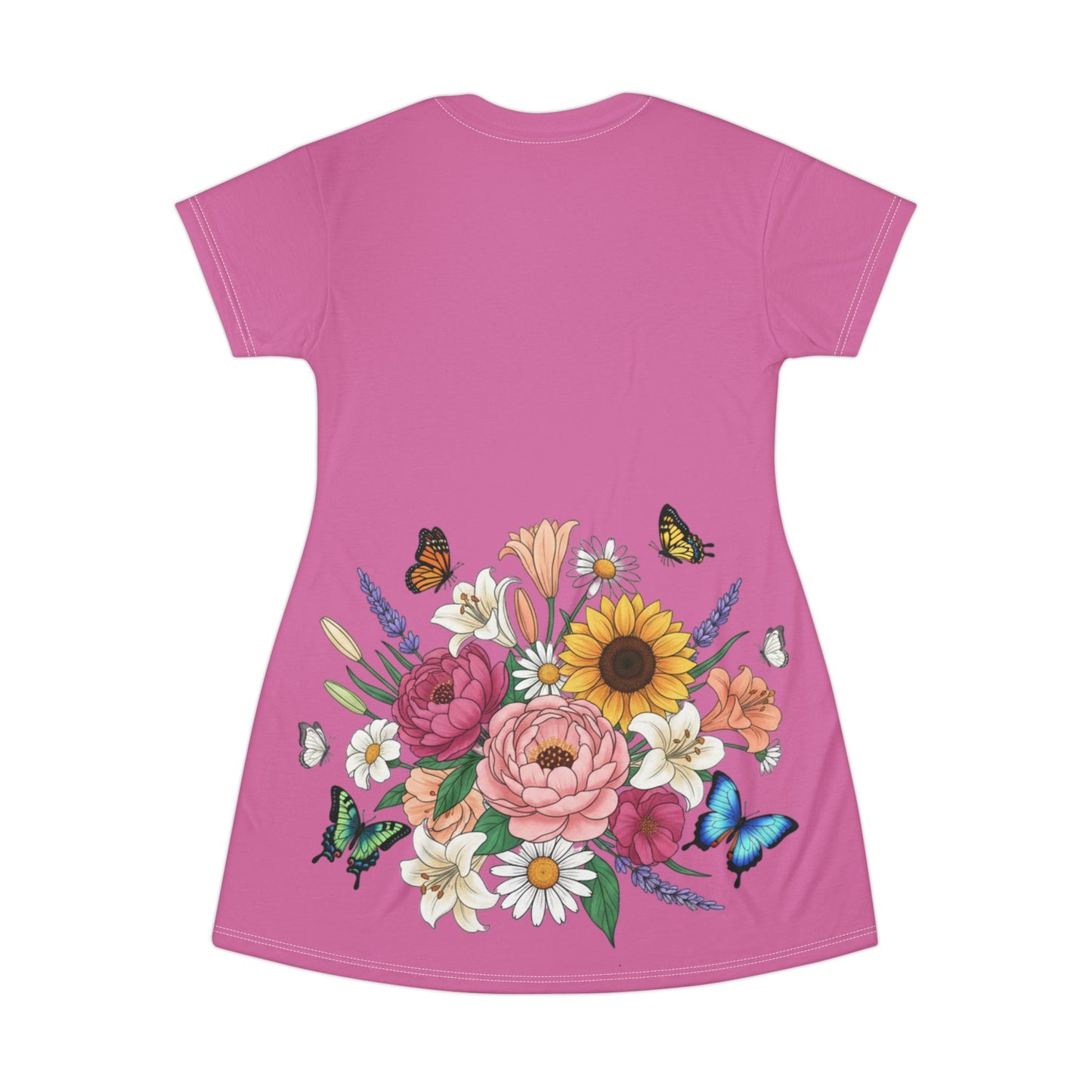 Floral Butterfly T‑Shirt Dress — Pink Bouquet Garden Dress