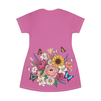 Floral Butterfly T‑Shirt Dress — Pink Bouquet Garden Dress