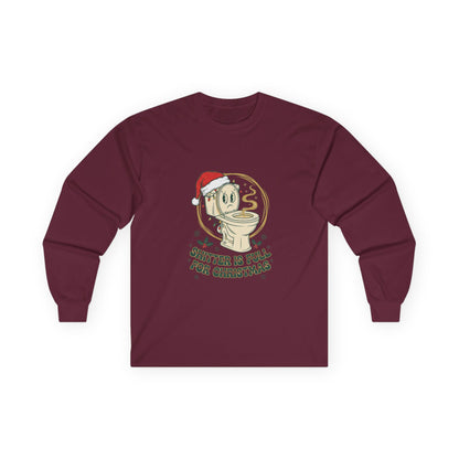 Christmas Coffee Long Sleeve Tee — “Shitter Is Full for Christmas” Funny Holiday Shirt