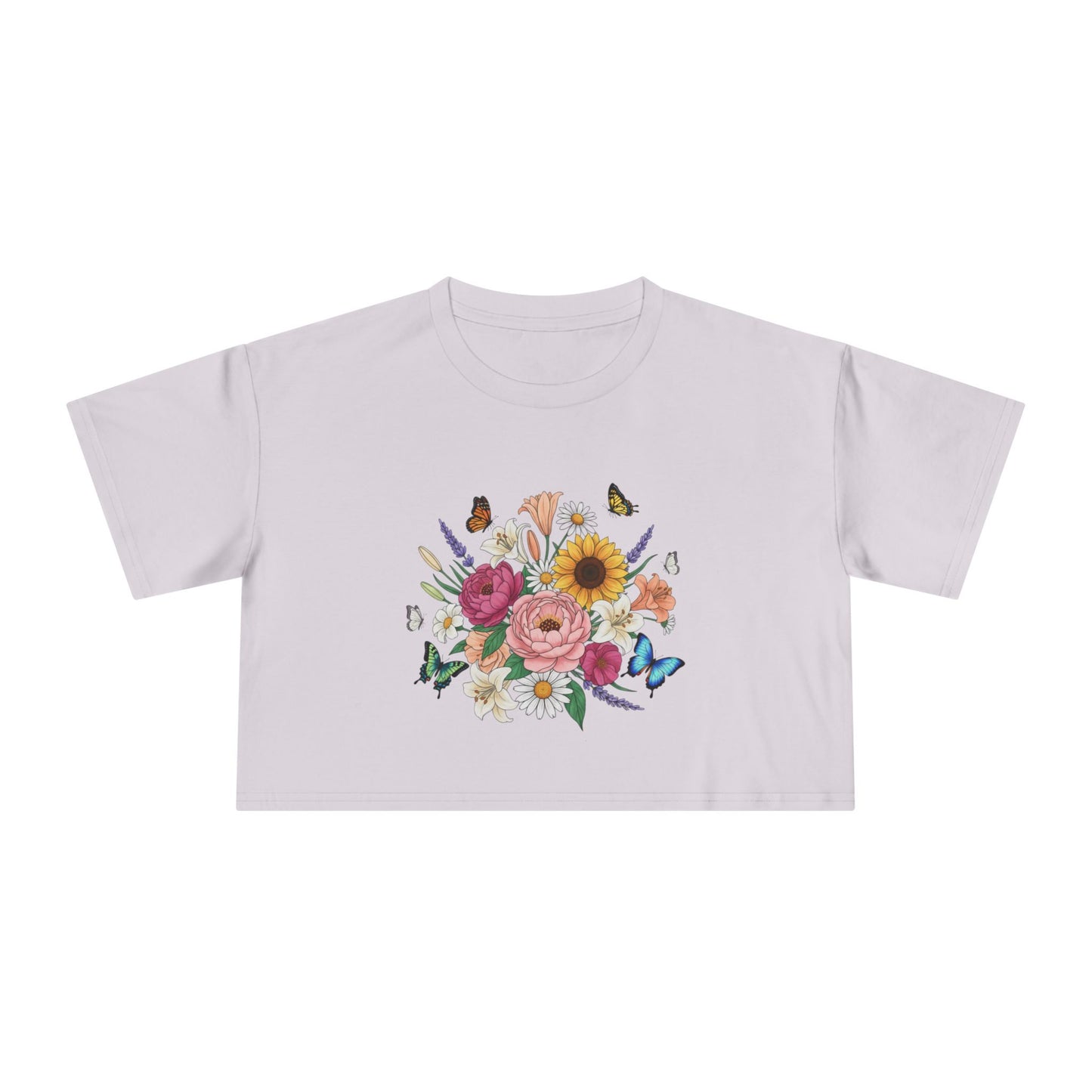 Floral Bouquet Crop Tee — Sunflower & Butterfly Garden Top