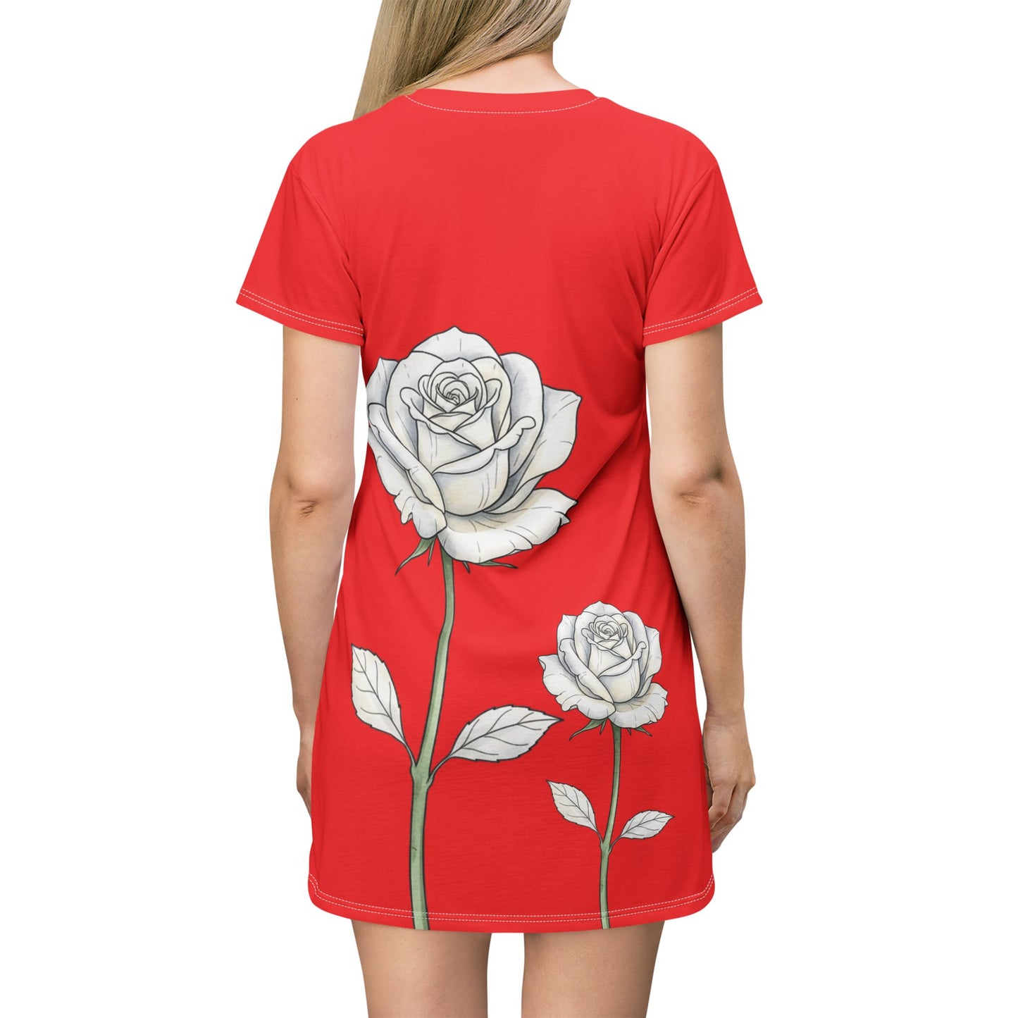 Red Rose T‑Shirt Dress — White Floral All-Over Print