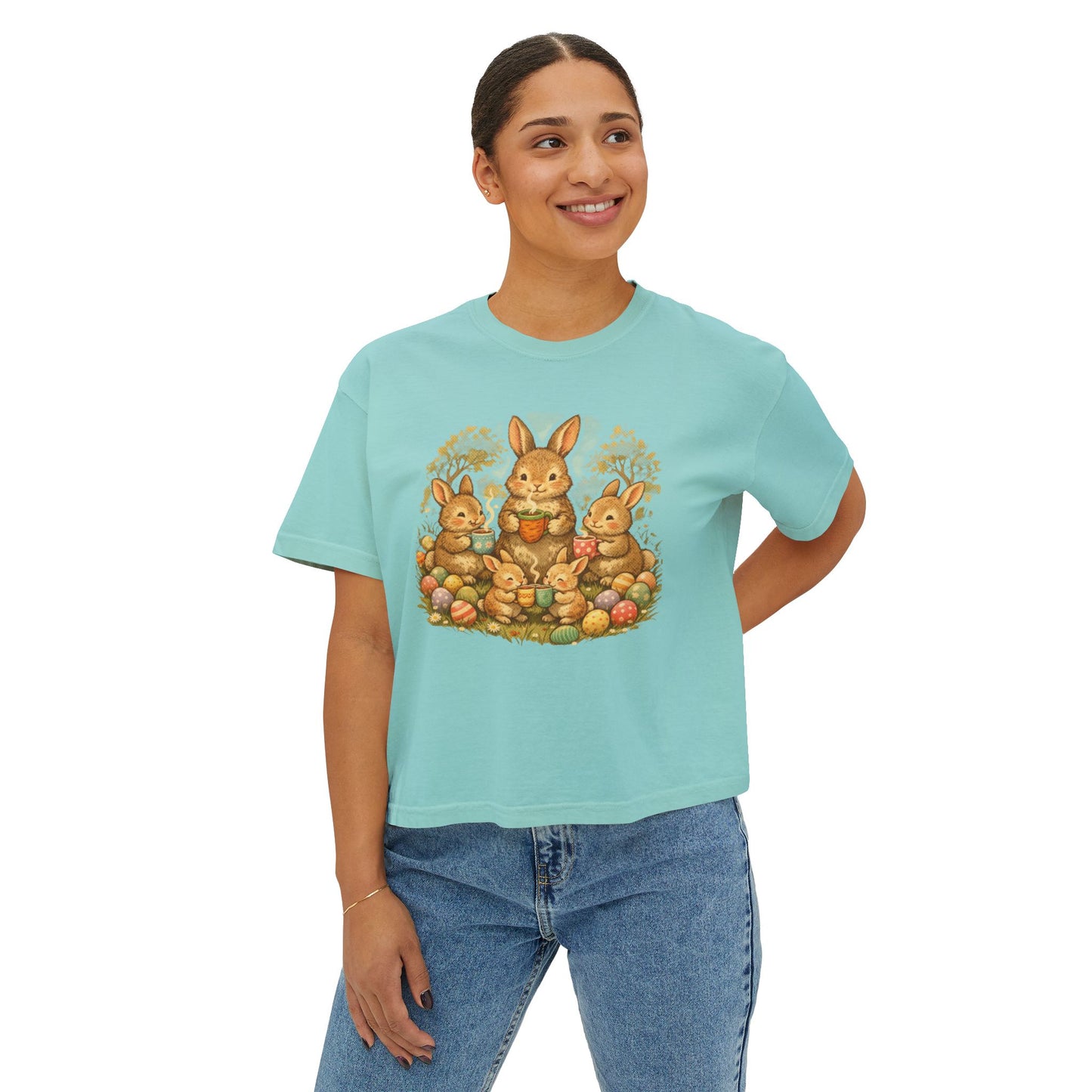 Easter Bunny Family Women's Boxy Tee — Cute Vintage Rabbits & Easter Eggs