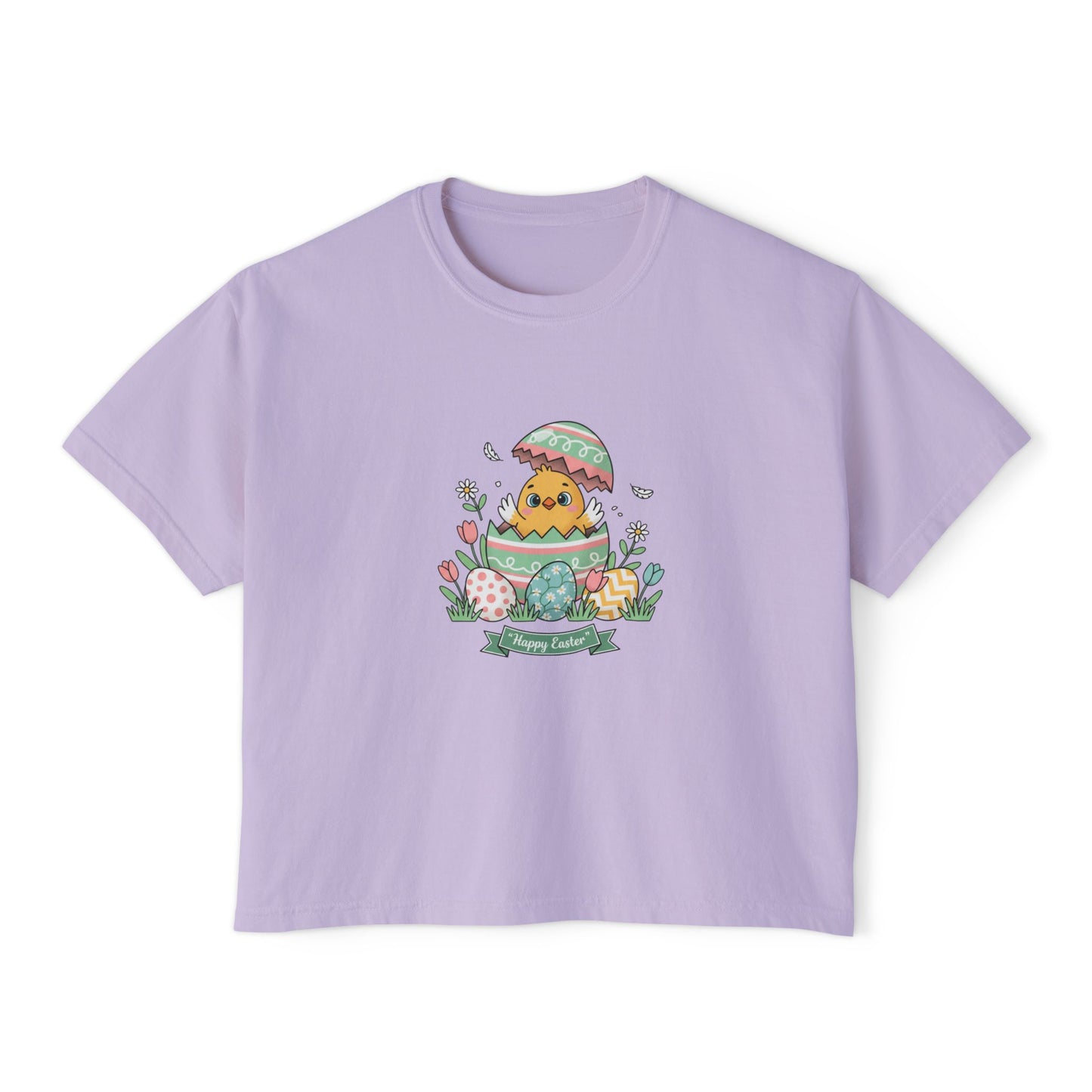 Easter Chick Boxy Tee — Cute Hatching Chick Graphic Women's Crop T-Shirt