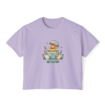 Easter Chick Boxy Tee — Cute Hatching Chick Graphic Women's Crop T-Shirt