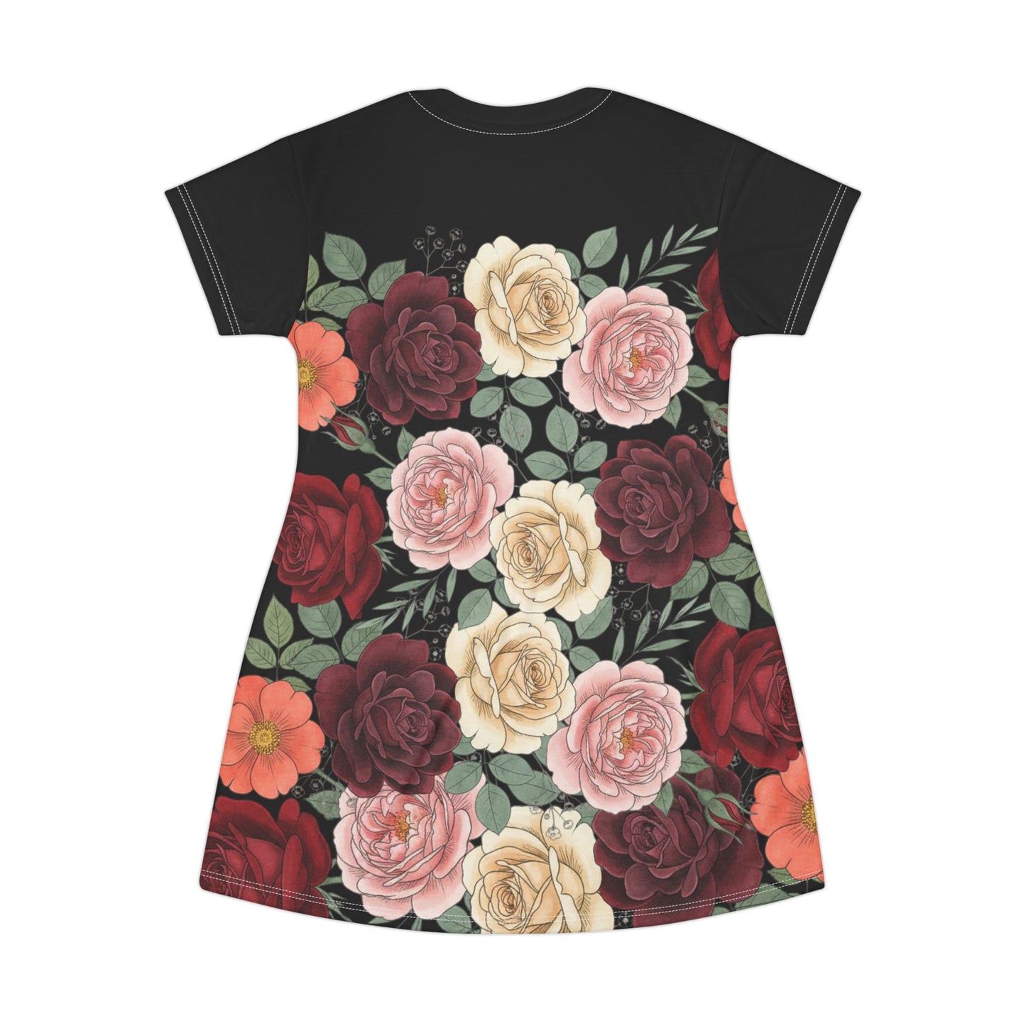 Floral Rose All-Over Print T-Shirt Dress — Vintage Garden Bouquet