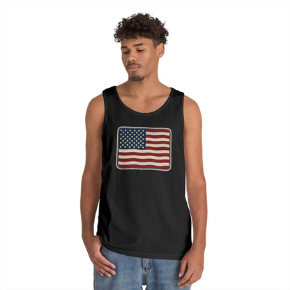 American Flag Tank Top — Vintage USA Patch "Made in USA" Sleeveless Tee