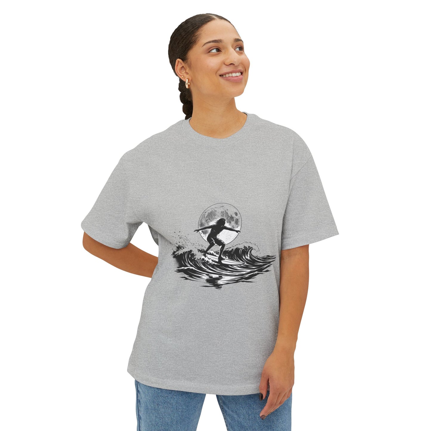 Surf Moon Graphic Tee — Silhouette Surfer on Waves