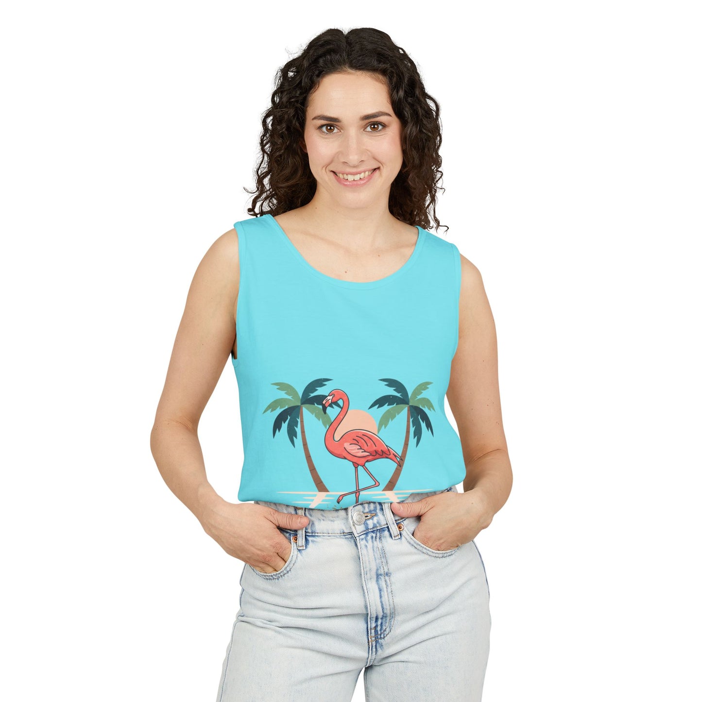 Flamingo Beach Tank Top — Tropical Palm Vacation Graphic Tank