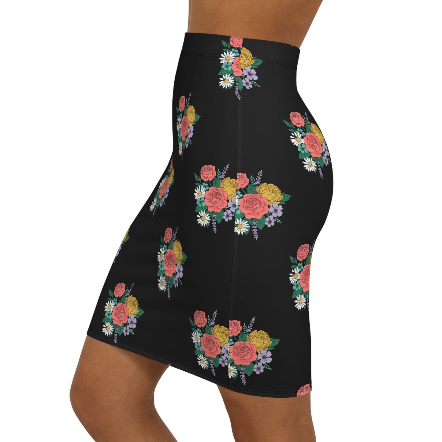 Floral Bouquet Pencil Skirt — Black Mid‑Waist Floral Print
