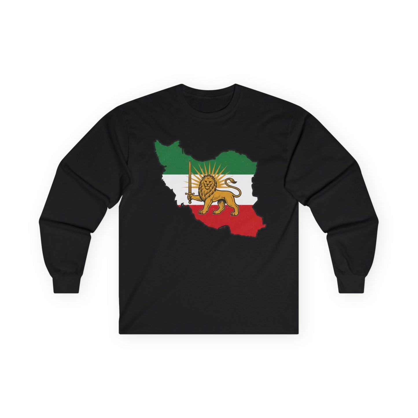 Iran Map Long Sleeve Tee with Lion & Sun Flag — Persian Heritage Shirt