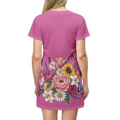 Floral Butterfly T‑Shirt Dress — Pink Bouquet Garden Dress