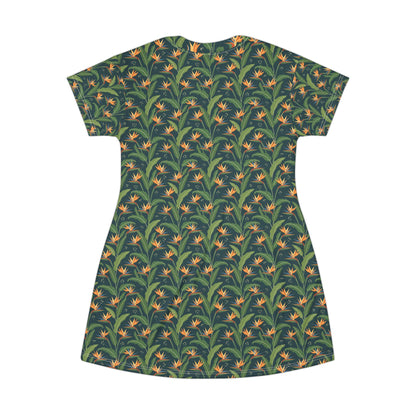 Bird of Paradise Floral T-Shirt Dress — Tropical All-Over Print