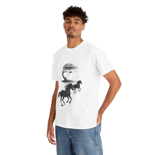 Horse Silhouette Tee — Windblown Tree & Galloping Horses Graphic T-Shirt