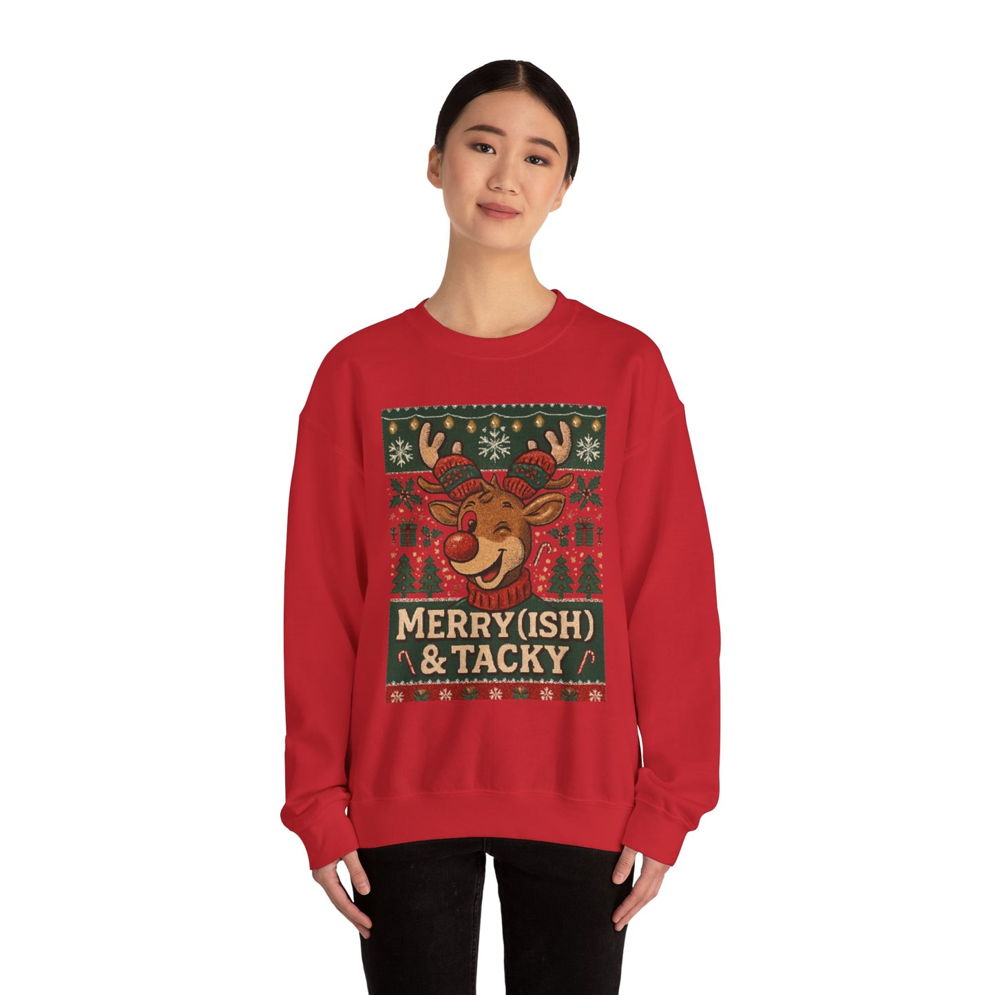 Merry(ish) & Tacky Sweatshirt - Unisex Holiday Crewneck, Christmas Sweater, Ugly Sweater Party, Cozy Gift, Festive Apparel