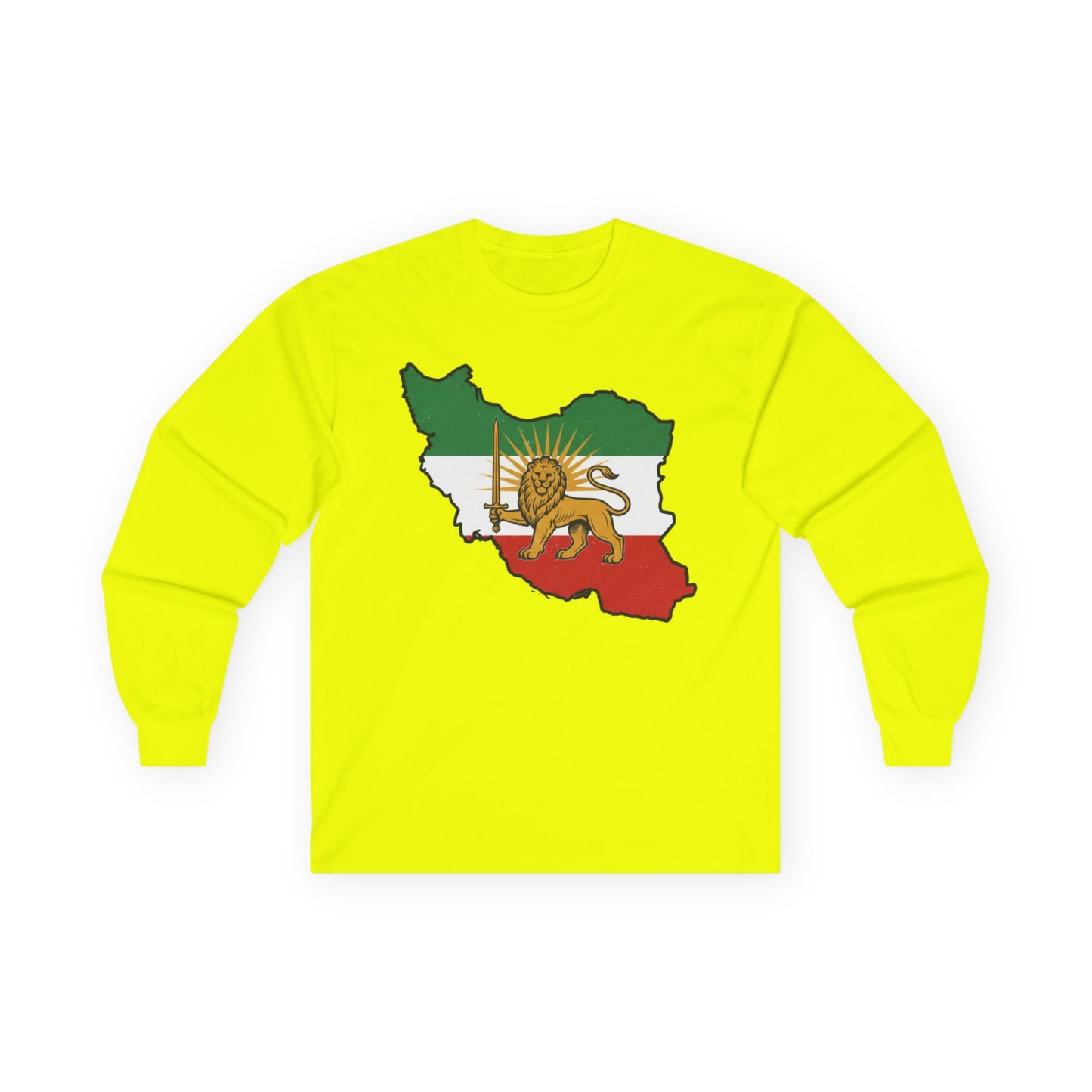 Iran Map Long Sleeve Tee with Lion & Sun Flag — Persian Heritage Shirt