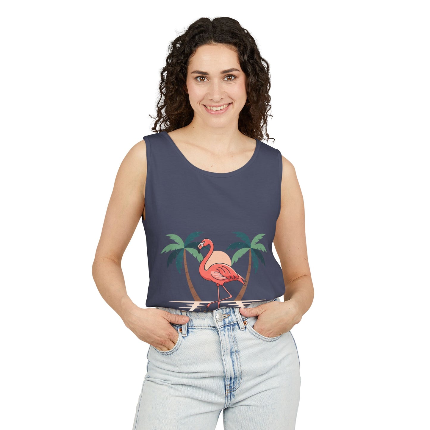 Flamingo Beach Tank Top — Tropical Palm Vacation Graphic Tank