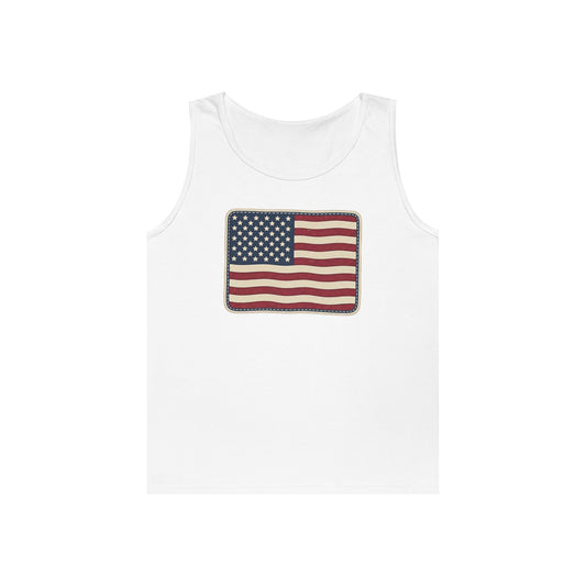American Flag Tank Top — Vintage USA Patch "Made in USA" Sleeveless Tee