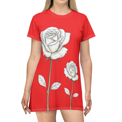 Red Rose T‑Shirt Dress — White Floral All-Over Print