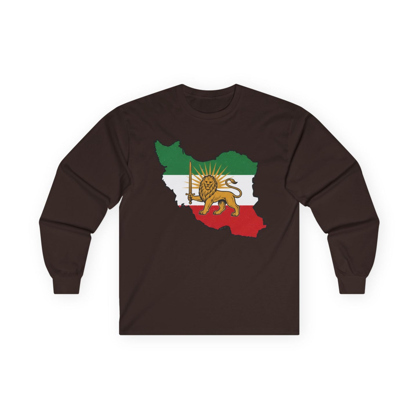 Iran Map Long Sleeve Tee with Lion & Sun Flag — Persian Heritage Shirt