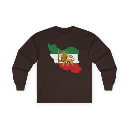 Iran Map Long Sleeve Tee with Lion & Sun Flag — Persian Heritage Shirt