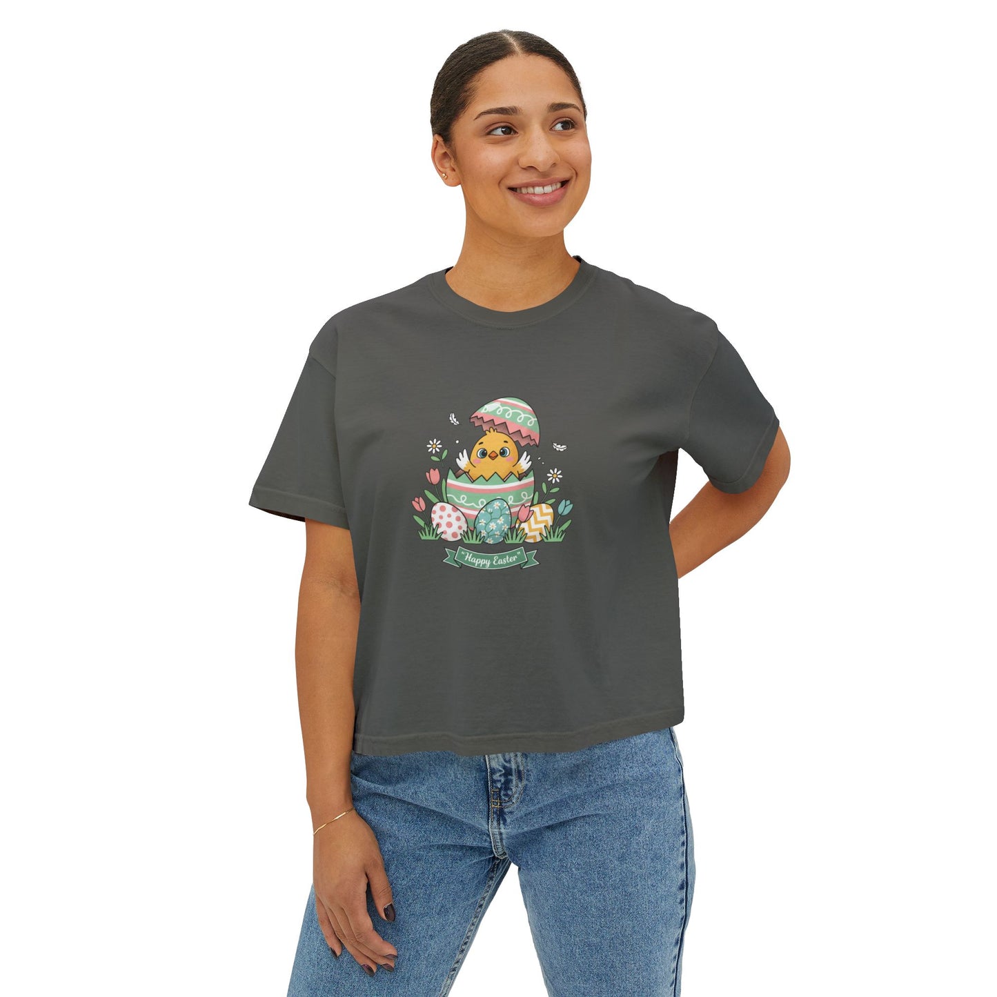 Easter Chick Boxy Tee — Cute Hatching Chick Graphic Women's Crop T-Shirt