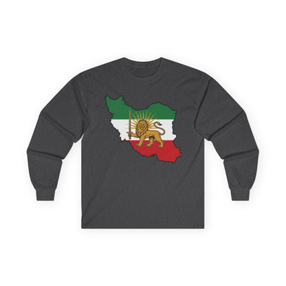 Iran Map Long Sleeve Tee with Lion & Sun Flag — Persian Heritage Shirt