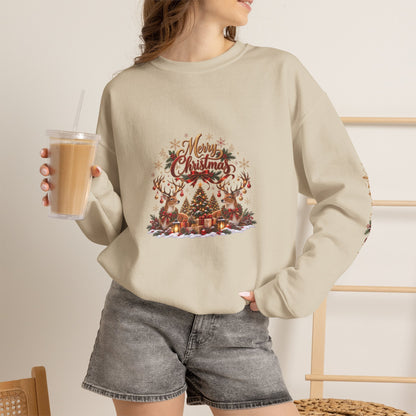 Merry Christmas Reindeer & Christmas Tree Sweatshirt – Festive Holiday Crewneck with Decorative Sleeves