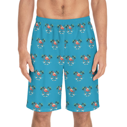 Board Shorts — Tropical Flamingo Palm Swim Trunks
