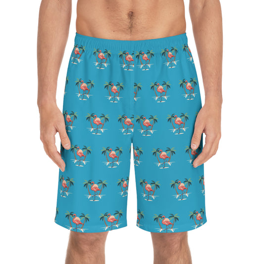 Board Shorts — Tropical Flamingo Palm Swim Trunks