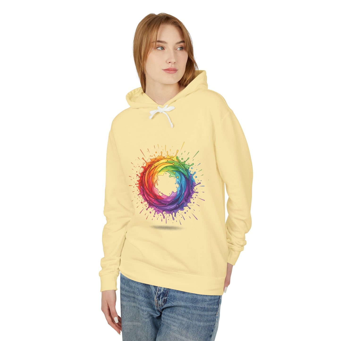 Rainbow Splash Circle Hoodie — Colorful Abstract Pride Pullover