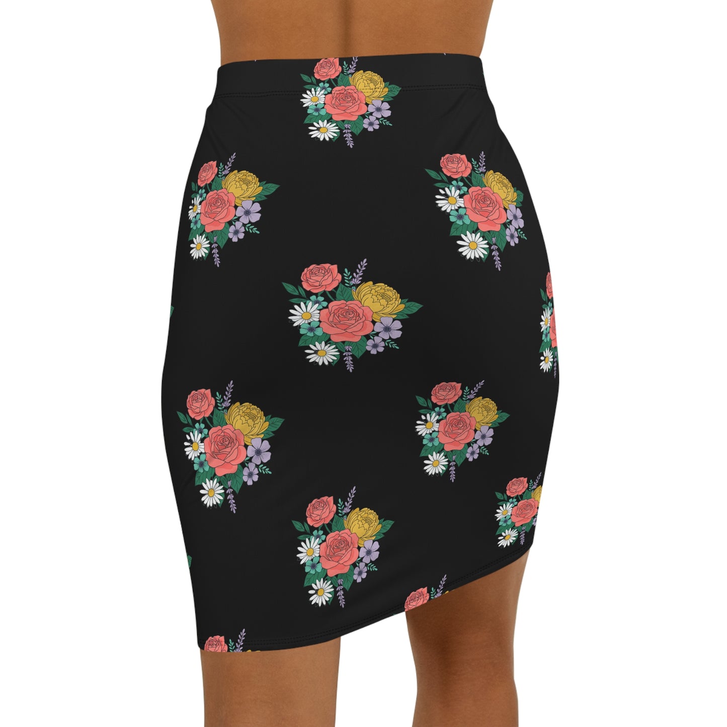 Floral Bouquet Pencil Skirt — Black Mid‑Waist Floral Print
