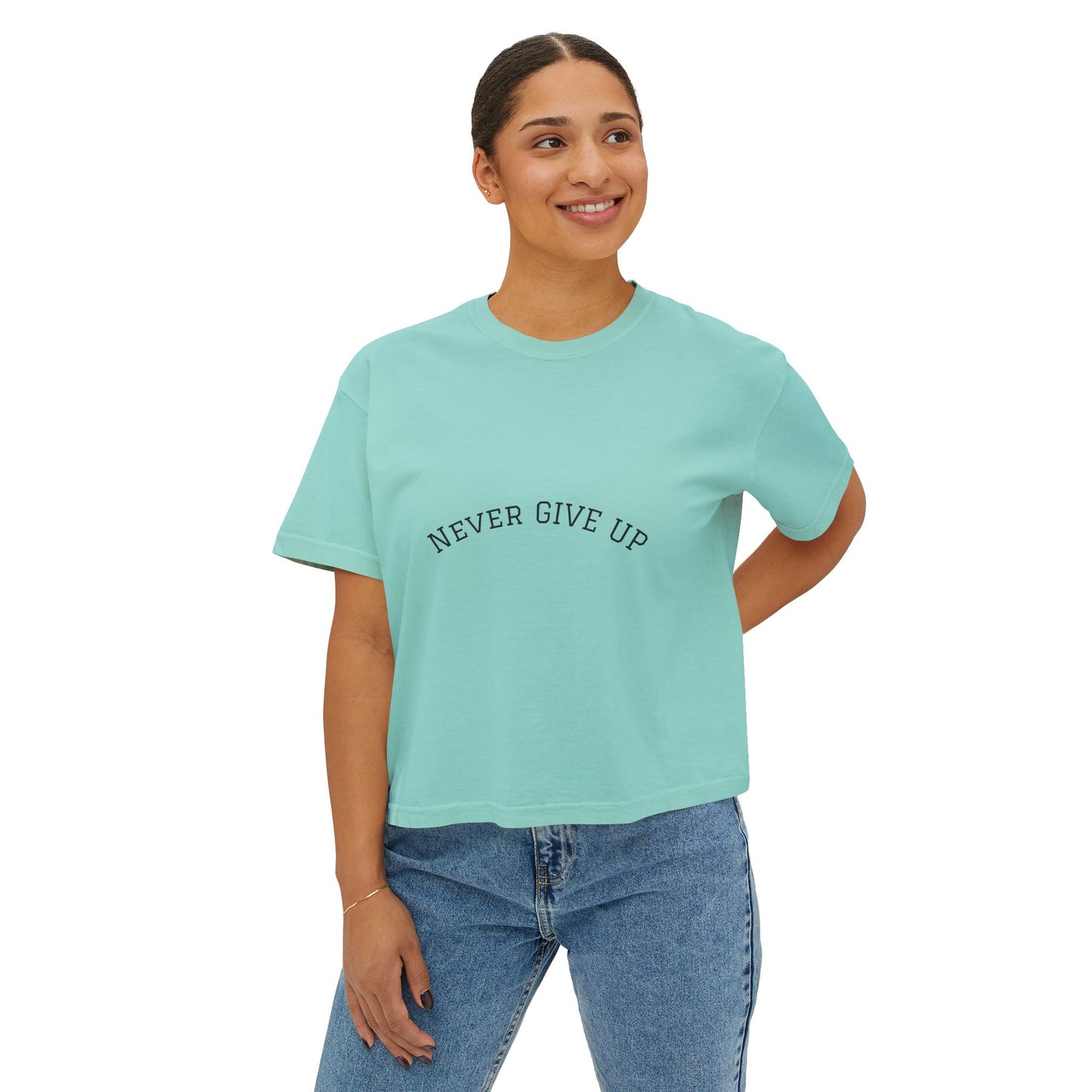 Never Give Up Boxy Tee — Women's Inspirational Cropped T-Shirt