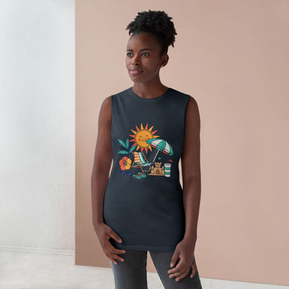 Beach Vibes Tank Top — Sunny Sun, Umbrella & Sandcastle Graphic Summer Tank