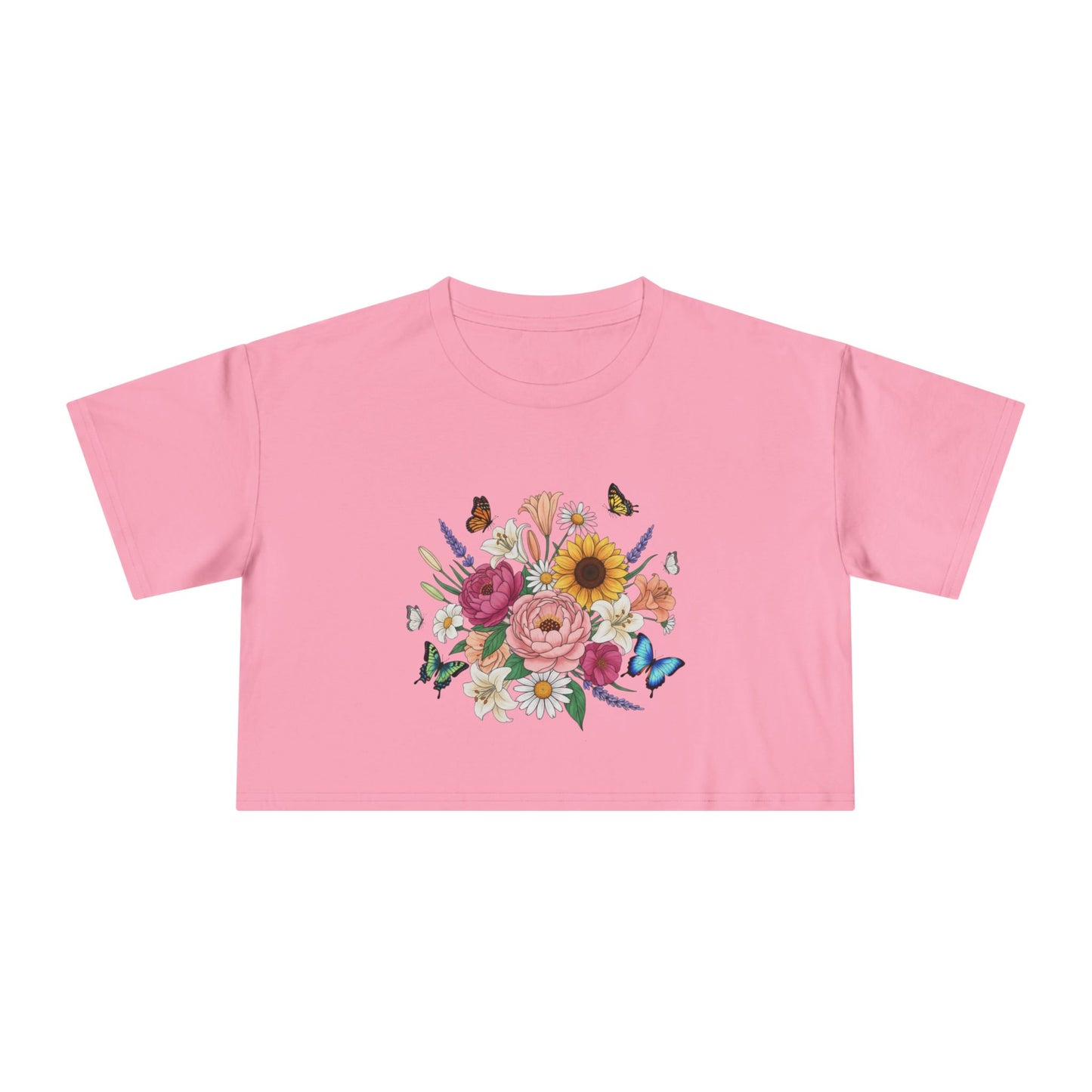 Floral Bouquet Crop Tee — Sunflower & Butterfly Garden Top
