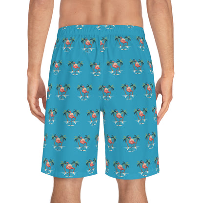 Board Shorts — Tropical Flamingo Palm Swim Trunks