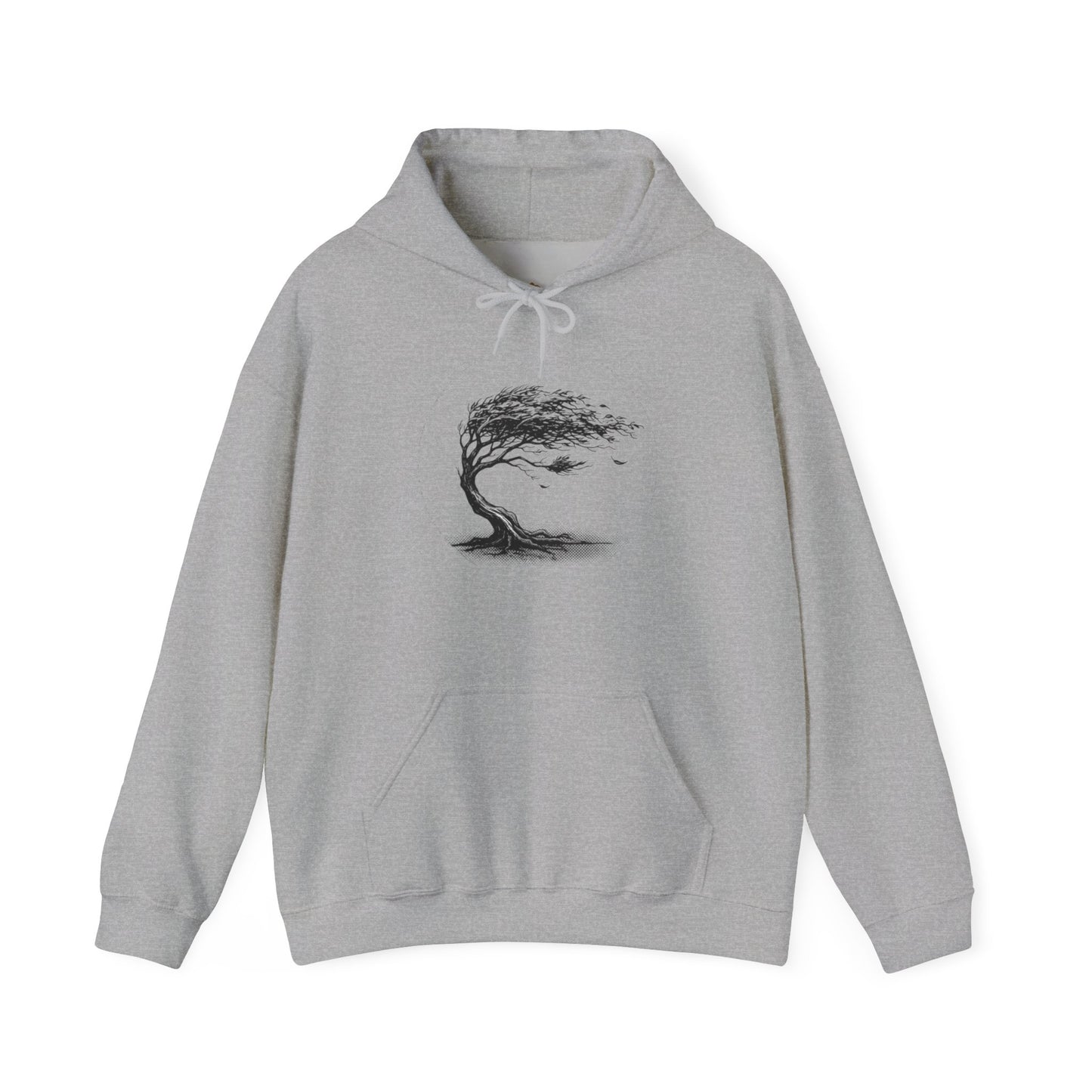 Windswept Tree Hoodie – Minimal Black Ink Nature Pullover
