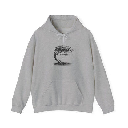 Windswept Tree Hoodie – Minimal Black Ink Nature Pullover