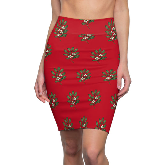 Holiday Mistletoe Pencil Skirt — Red Christmas Print Pencil Skirt