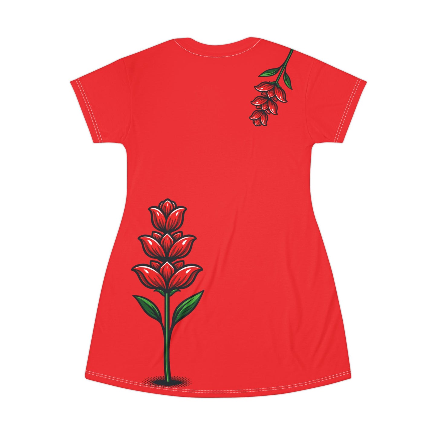 Red Floral T‑Shirt Dress – Tropical Heliconia Print