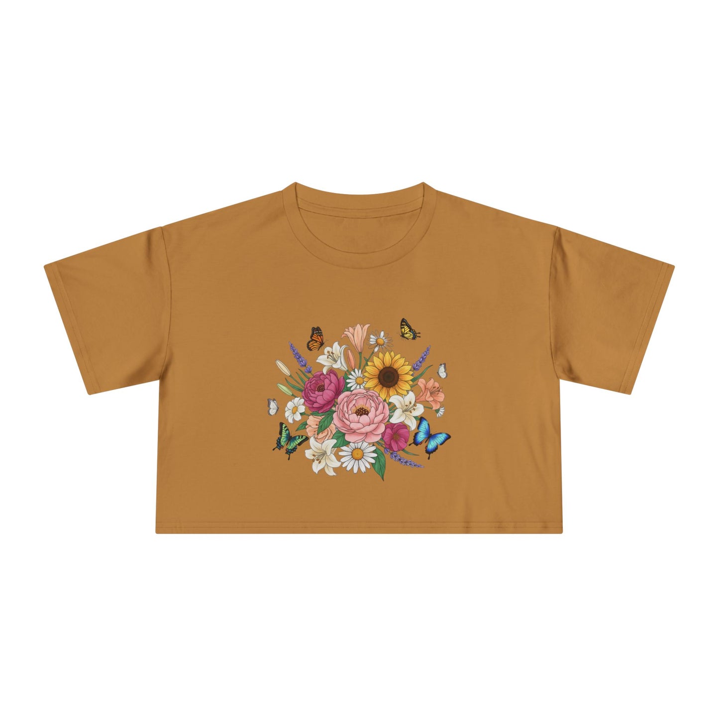 Floral Bouquet Crop Tee — Sunflower & Butterfly Garden Top