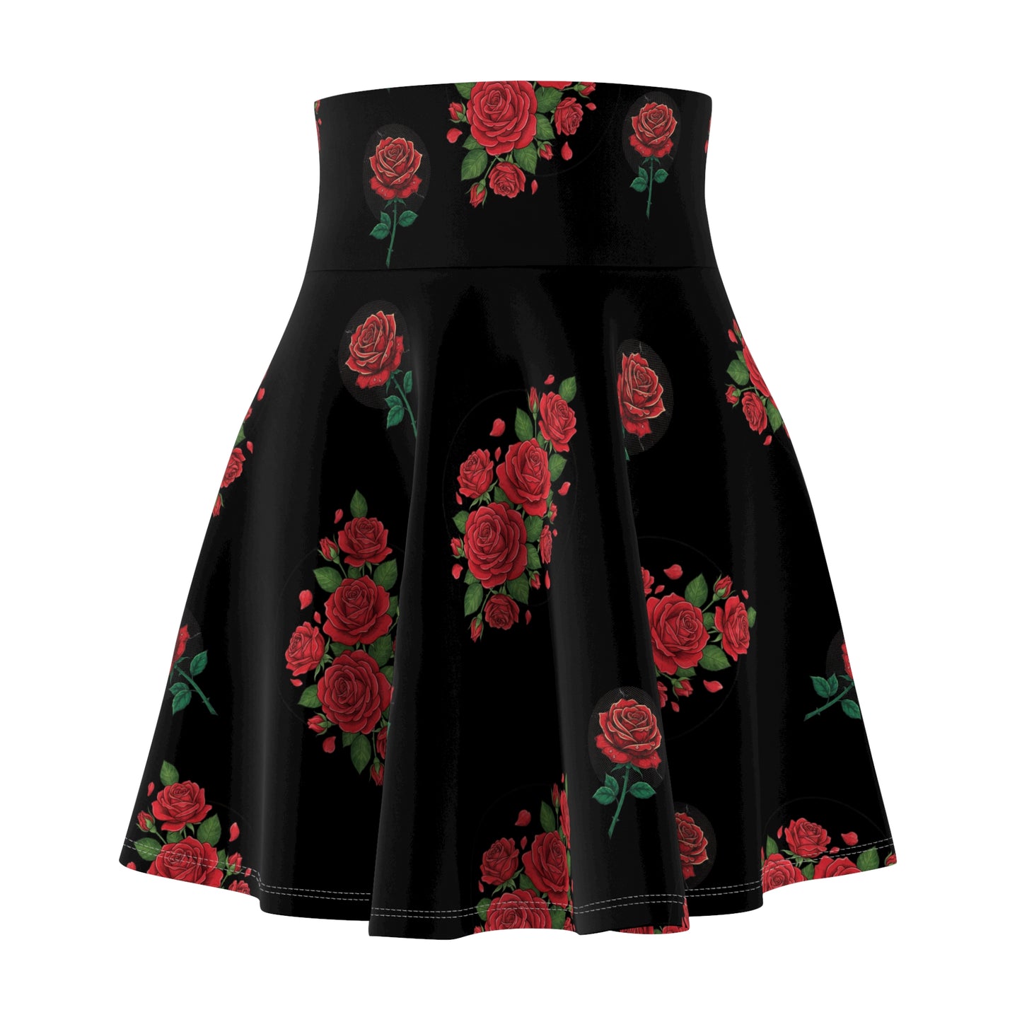 Black Rose Skater Skirt — Floral High-Waist AOP