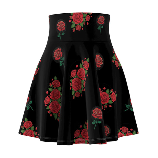 Black Rose Skater Skirt — Floral High-Waist AOP