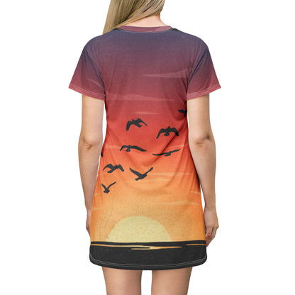 Sunset Seagulls T-Shirt Dress — Beachy AOP Sundress