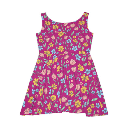 Floral Pink Skater Dress - Bright Spring Tulip & Ditsy Flower Print