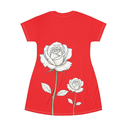 Red Rose T‑Shirt Dress — White Floral All-Over Print