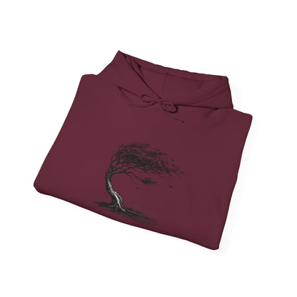 Windswept Tree Hoodie – Minimal Black Ink Nature Pullover