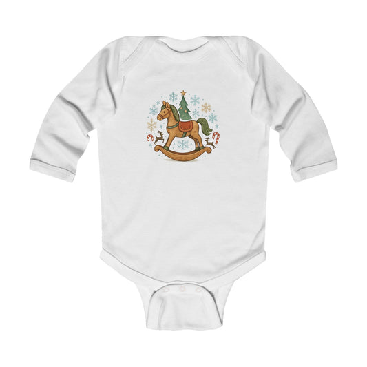 Baby Christmas Rocking Horse Long Sleeve Bodysuit — Holiday Nursery Outfit