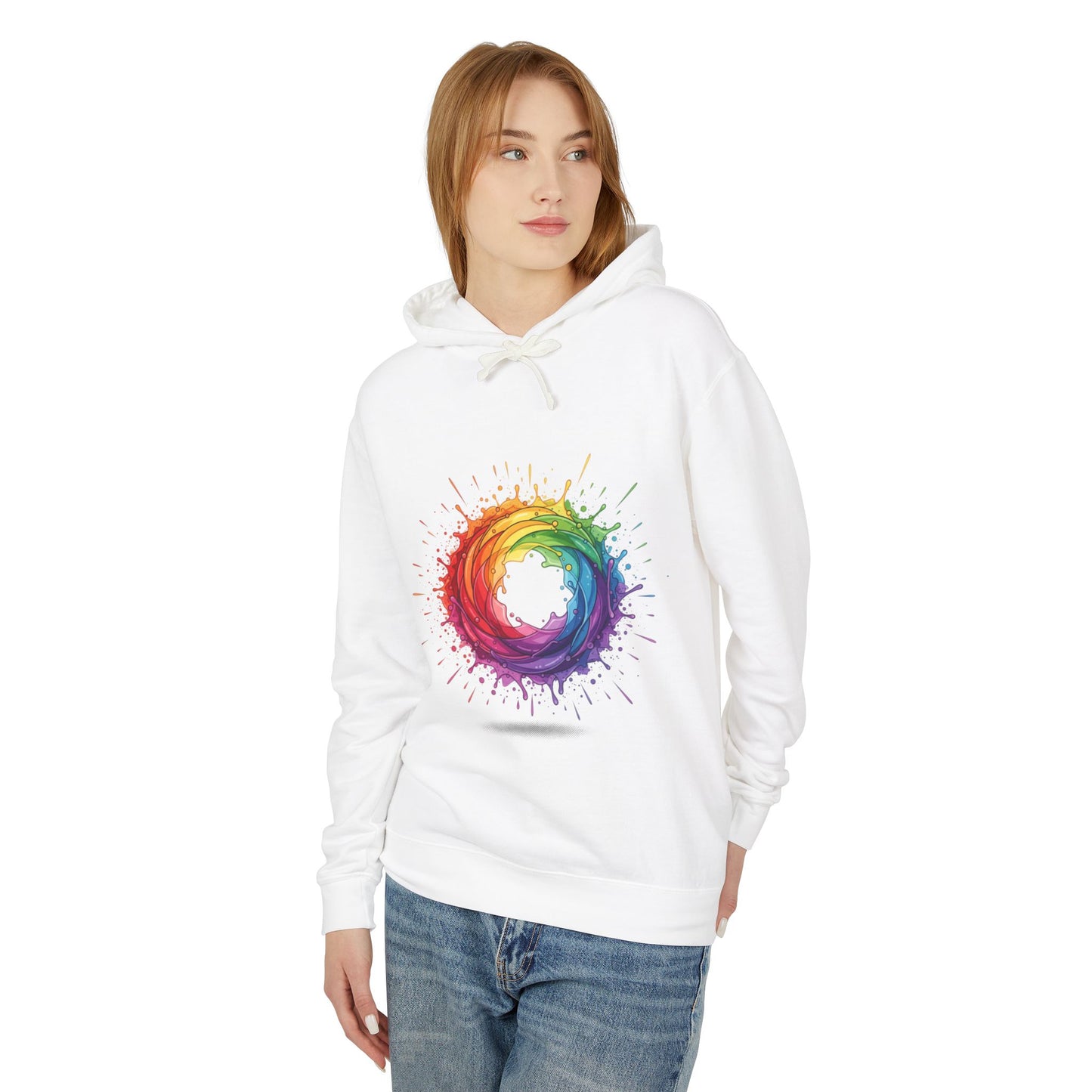 Rainbow Splash Circle Hoodie — Colorful Abstract Pride Pullover