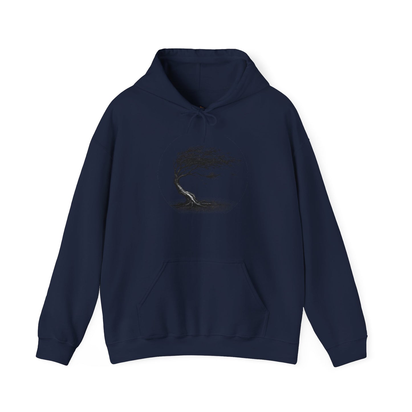 Windswept Tree Hoodie – Minimal Black Ink Nature Pullover