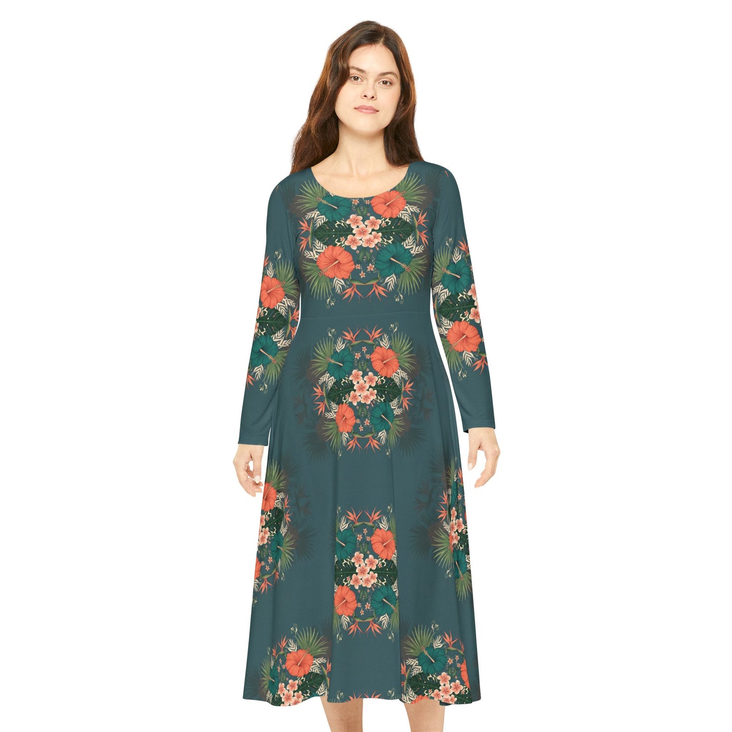 Floral Teal Long-Sleeve Dance Dress — Vintage Rose Print